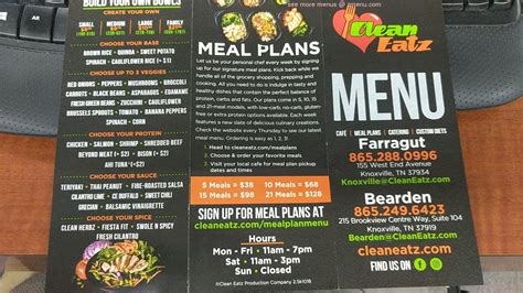 Clean eatz knoxville - Clean Eatz (Knoxville TN) Open • Closes at 7PM ET. 215 Brookview Centre Way #104. Knoxville, TN 37919. Get Directions (865) 249-6423. Order Online. Store Hours. Monday 11:00am - 7:00pm. Tuesday 11:00am - 7:00pm. Wednesday 11:00am - 7:00pm. Thursday 11:00am - 7:00pm. Friday 11:00am - 7:00pm. Saturday 11:00am - 3:00pm. Sunday Closed. 